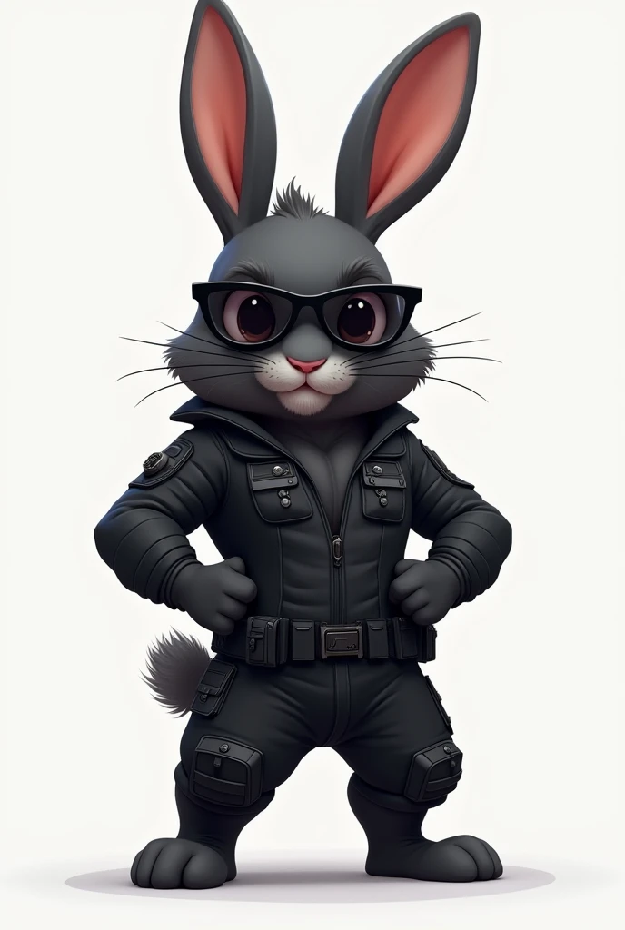 Create a cute but muscular black rabbit who wears a spy suit and glasses