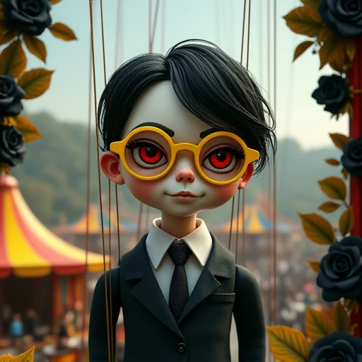  A string puppet ,  with black hair, red eyes , in yellow eyeglasses , And in formal clothes ,realist.  In the background there is a circus and bouquets of black roses.
