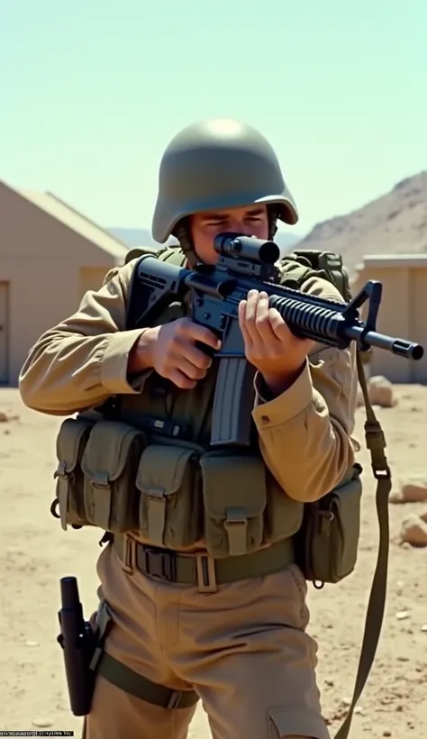 A soldier in the 1980s aiming the M16A2 in a desert setting, with the rifle’s upgraded barrel and improved iron sights clearly visible. Include tactical gear from the Cold War era and a military camp in the background.