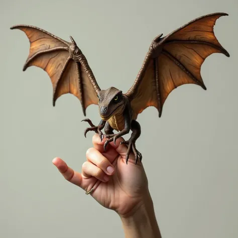  extremely hyper realistic ultra natural photo of a Pterodactyl : A small pterodactyl, clung with its small claws to the human ring finger.