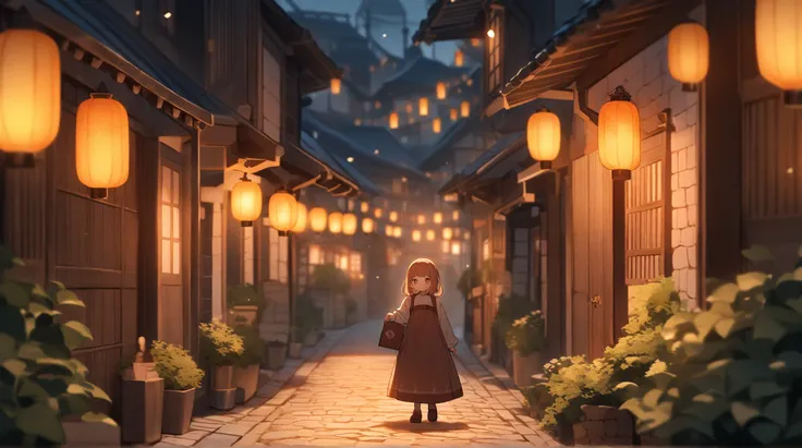 A young girl walking slowly along a cobblestone alley at dusk, holding a small sketchbook in one hand. The street is lit by the soft orange glow of lanterns, with ivy-covered walls framing the scene.