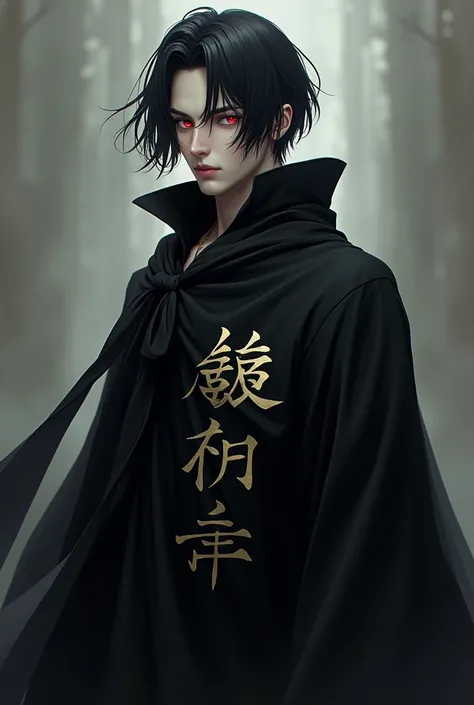  Anime handsome man with a black robe, red eyes, With Nelson writing on his robe ,  has long black hair in a cropped style 