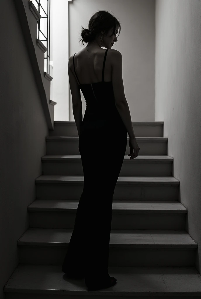 There is a woman who is standing on some stairs,  an image of Romain Brook , tumblr, tachisme, wearing a tight  black dress, wearing  black dress, she is wearing a  black dress, standing and posing elegantly, wearing a  black dress,  black dress, 🔥 😎 🕹️ 👀 ...