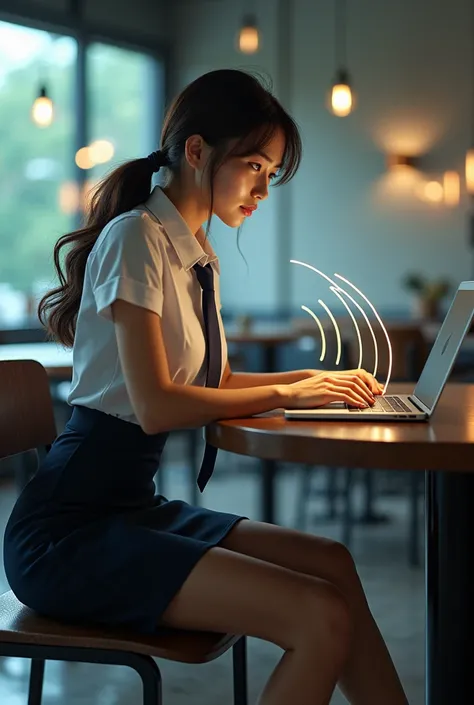 A beautiful Japanese woman in a self-defense officer uniform, wearing a white short-sleeve shirt, navy tie, navy pencil skirt, and black patent leather high heels, beautiful hip line, She is sitting in a stylish cafe, Shes at the table working on her lapto...