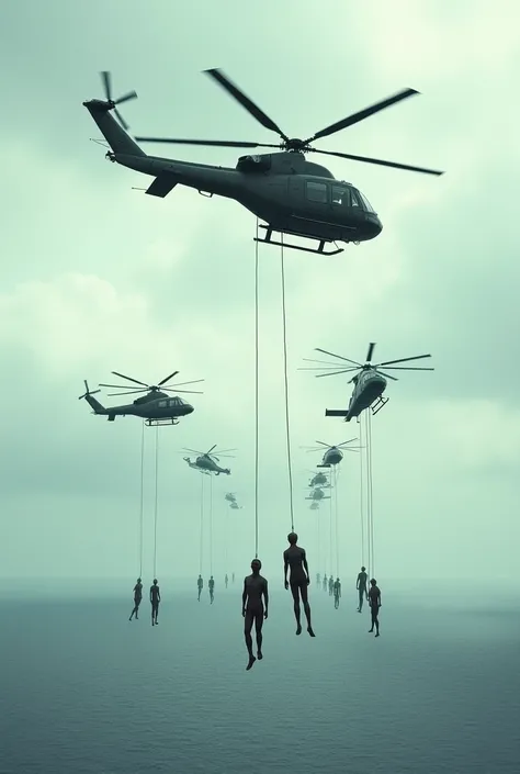 A surreal scene depicting multiple helicopters flying over an open ocean under a cloudy sky. Each helicopter is carrying a large human-like figure or object suspended by cables, dangling beneath them. The figures appear to be in various poses, some hanging...