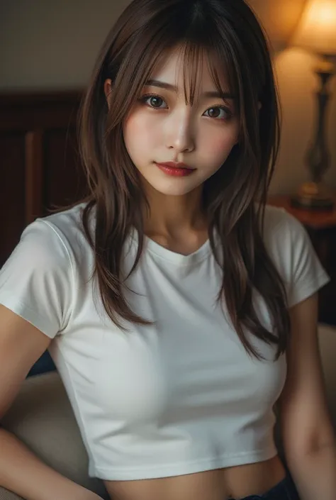  beautiful japanese woman , light , length, Messy,  damp brown hair ,  show me her armpits ,  beautiful armpits,  wave hair ,  brown eyes , Heavy makeup,  gal makeup, Landmine Girl, Dark style,  white plain t-shirt,  on her face 、  attractive expression, C...