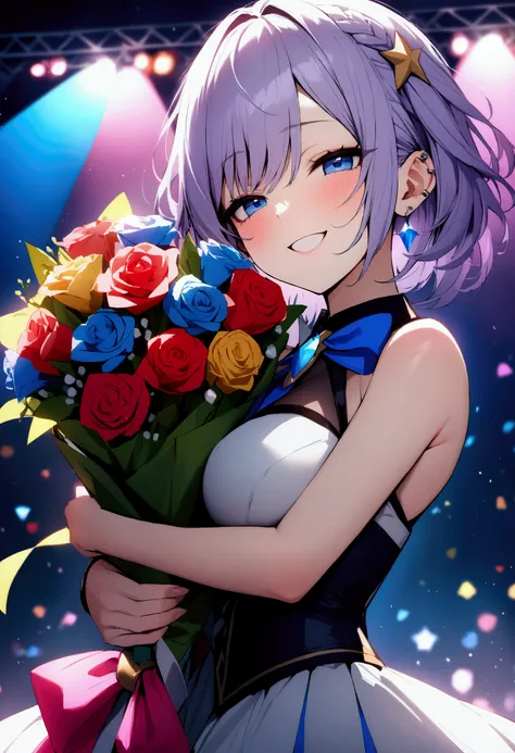 (masterpiece),(absurdres),(ultra detailed),(beautiful detailed), solo girl :1.1,(beautiful eyes, blue eyes, short hair, light purple hair, (middle breasts:0.8),(ear piercing:0.8),(holding colorful bouquet:1.2),( Idol Costume :1.1), live stage background ,(...