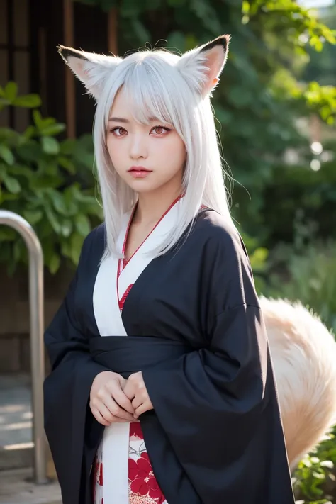 ( red eyes:1.4),White Hair, girl , fox ears, long hair,kimono,photograph, cute