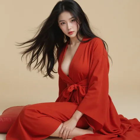 A photorealistic painting of an Asian woman with long, flowing black hair, dressed in a red kimono with a deep neckline, sitting gracefully on the ground. Her figure showcases alluring curves, with a refined and elegant silhouette. The artwork is inspired ...