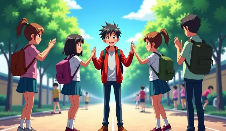 anime A school playground with a  standing confidently among friends, receiving high-fives and smiles. In the background, another  looks isolated, symbolizing the contrasting effects of acceptance and rejection on self-esteem development.anime