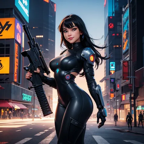  Cyberpunk girl, perfect body , Tight jumpsuit, combat armor smile on the face,  spectacular,  masterpiece, detailed face, Does it have a futuristic assault rifle