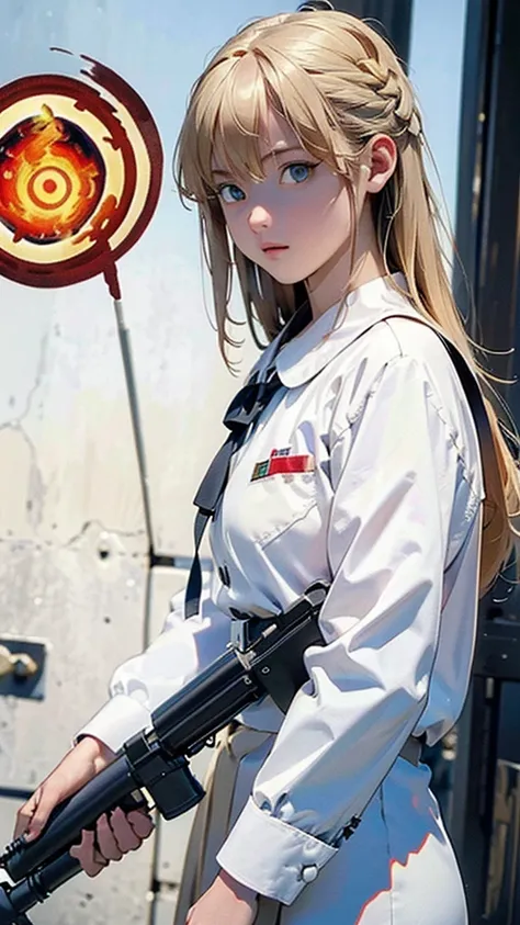  in high-definition images，Strange resolution ,  high res, (masterpiece: 1.4),  super detailed , Blond haired young woman dressed as a army soldier, Street Fight ,  ((( Hold the machine gun in front of her body and fire at a target 100 meters away ))),