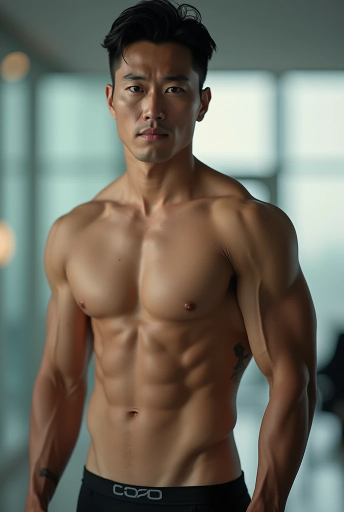 shirtless muscle handsome Korean man dress up as company ceo/boss and wearing brief underwear and has big bulge