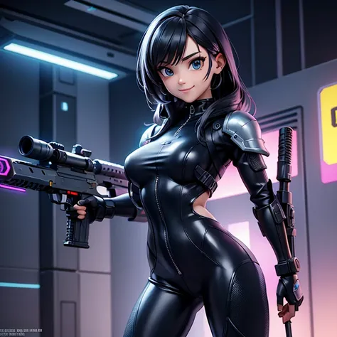  Cyberpunk girl, perfect body , Tight jumpsuit, combat armor smile on the face,  spectacular,  masterpiece, detailed face, Does it have a futuristic assault rifle