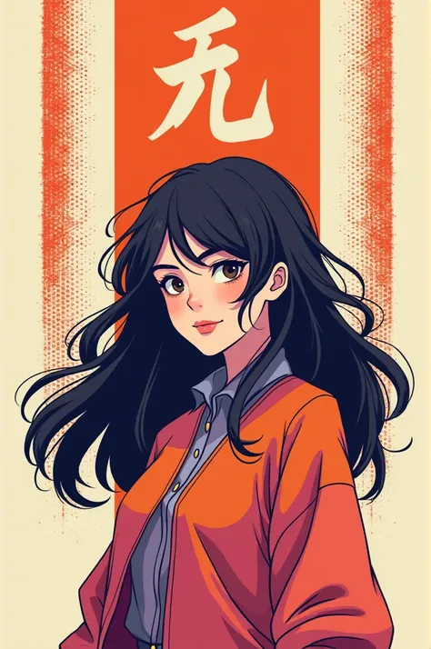 "A retro anime-style illustration of a young woman with long flowing hair. The character is stylized with sharp, clean outlines and features bold, contrasting colors of purple and orange. The shadows and highlights are defined by flat blocks of color witho...