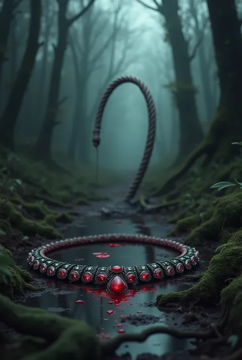 in front, a pretty necklace bleeding ,  a whip a little further back and in the background a forest