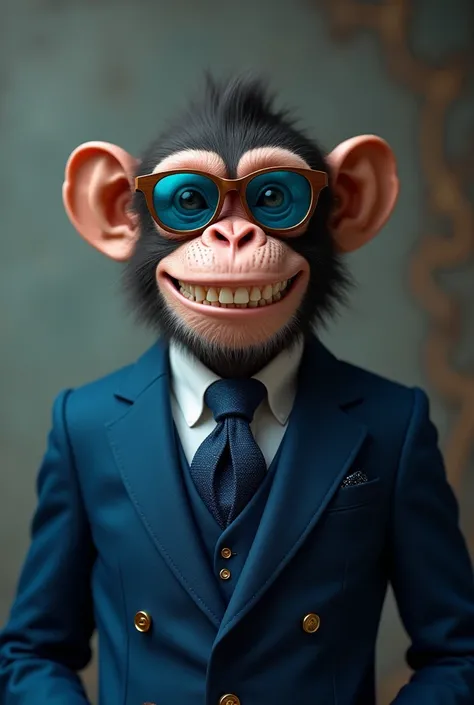 Monkey with blue glasses and blue formal suit and blue caravate and a human well     organized beautiful teeth
