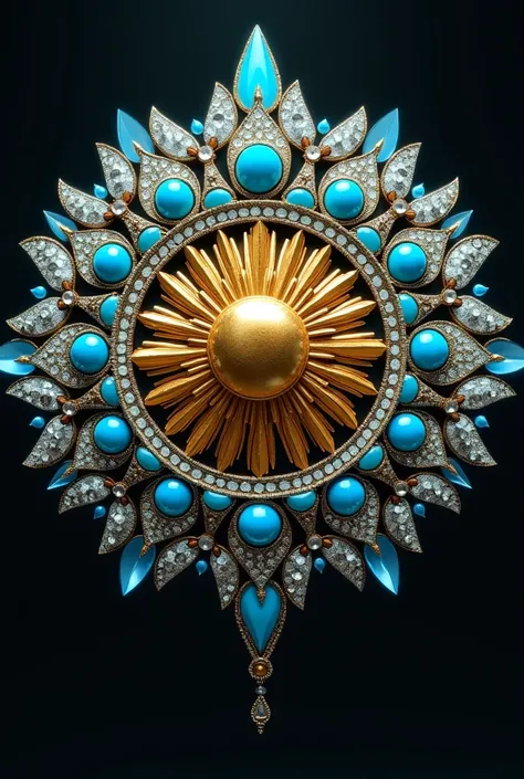 Miss Universe gold crown with silver and blue crystals, a golden sun in the center of the crown and turquoise stones 