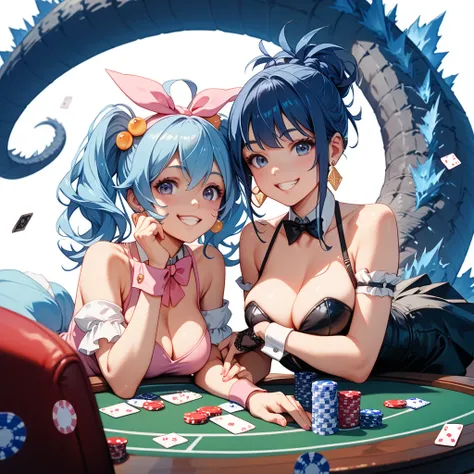 chica estilo anime,  blue hair clothing with 2 pigtails, Breasts 34C, With Godzillas tail, poker cards in hand,  expression Super Happy, sexy clothes, two girls,  white background