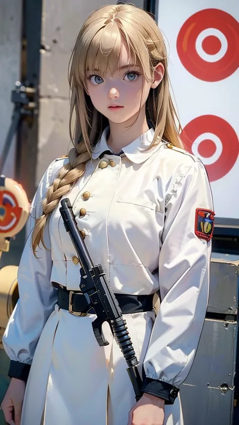  in high-definition images，Strange resolution ,  high res, (masterpiece: 1.4),  super detailed , Blond haired young woman dressed as a army soldier, Street Fight ,  ((( Hold the machine gun in front of her body and fire at a target 100 meters away ))),