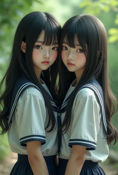 Japanese High Beautiful School Twins girl, Super Real photorealistic, Super Best masterpiece Raw Photography Art, 16k,  highest image quality taken by Ki,  super high res,  RAW photos , lily, spoil,  ashamed, love, Full breasts