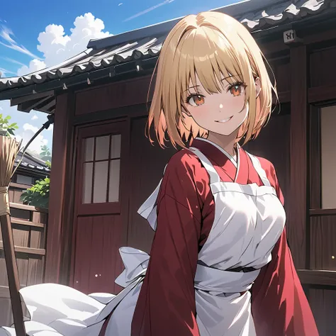 ( Perfect Anatomy), ((32K)), (( top quality )), ((超 high res)), (( high res)), ((超 high res)), ((Highly detailed CG)) , One Girl 、hisui kohaku, kohaku (Tsukihime),smile, short hair, bow,blonde hair:1.5,braek,blue hair bow:1.2 orange eyes, small breasts,red...