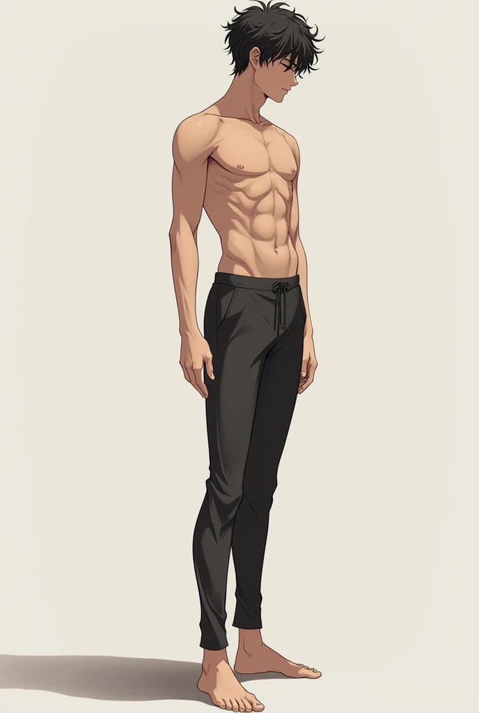 Draw a male anime with a height of 176cm, curly hair slightly covering his eyes. Draw without clothes full body and slender