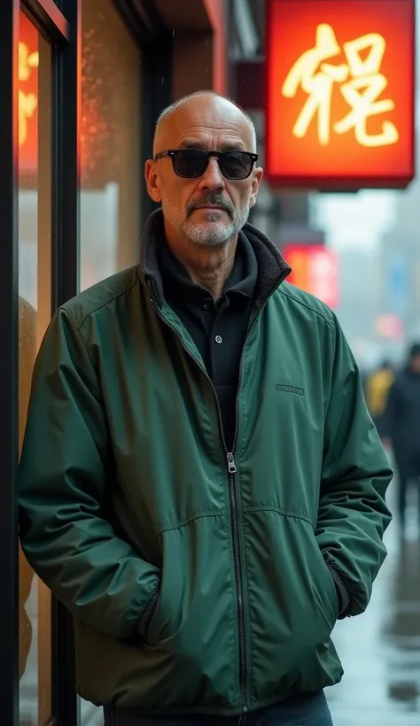 A 50-year-old muscular Japanese man is standing with sunglasses leaning against glass in a shop window　Around town　 its raining please pull out 　 wearing a green jacket 　Cool Uncle　Get your hands out of your jacket