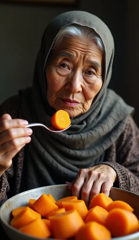 Make realistic picture, Indonesian Muslim grandmother wearing a hijab is eating sweet potatoes