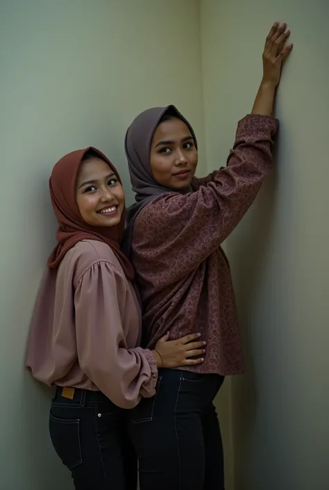 A 18 years old hijab girl, captured, pin against a wall, arm wide open, lean against the wall, 2 girl push her hips to the wall, hand above her head, hijab girl wearing batik shirt, bare panties pulled out of low waist black jeans, bending over , ass spank...