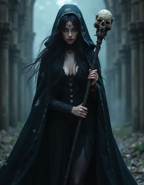 4K gothic style quality, digital drawing mode, dark fantasy-themed gothic female character, raven black hair with ghostly white highlights, haunted violet eyes, wearing only a dark cloak with ancient runes, holding a staff with a skull, Blur the background...