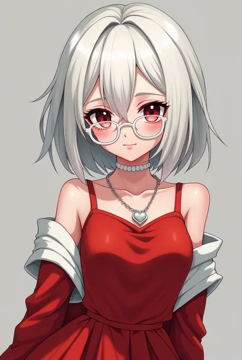 Anime female white hair white hair wear red sleeveless dress no red turtleneck white necklace white heart image wear short red skirt wear white socks wear round glasses wear red long sleeve heater