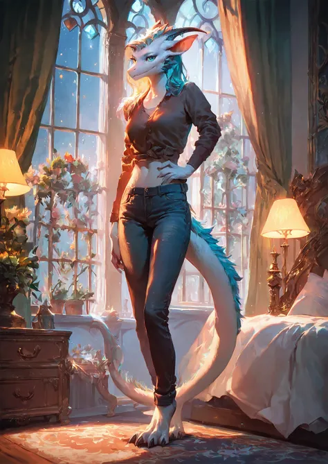 score_9, score_8_up, score_7_up, score_6_up, female anthro dragon with white fur and blond hair and turquoise eyes, solo, masterpiece, best art, proud expression, night, standing, bed, detailed, newest, pants, 