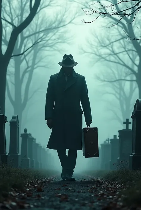 the best book cover, a man wearing coat and hat  holding a suitcase walking in the cemetery, cold weather and alot of fog