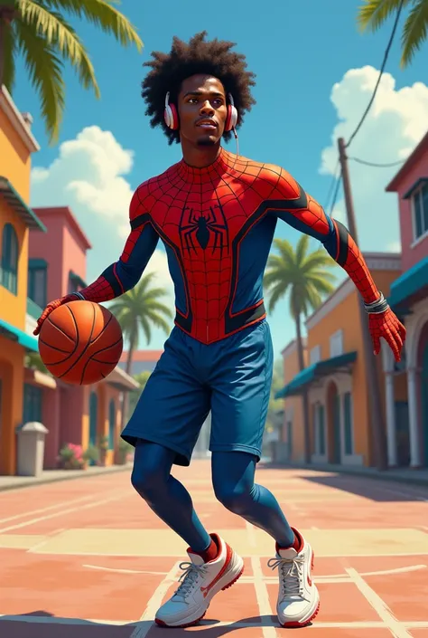 Make Spider-Man clearly not wear a mask and Afro-descendant listening to music while playing basketball in the Dominican Republic 