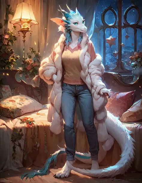 score_9, score_8_up, score_7_up, score_6_up, female anthro dragon with white fur and blond hair and turquoise eyes, solo, masterpiece, best art, proud expression, night, standing, bed, detailed, newest, pants, 