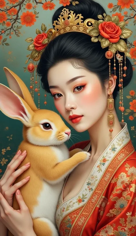 Rococo, Art Nouveau and Fauvism, colored oil and acrylic combined with wet colors create beautiful chinese women with golden rabbit, rabbit have muticolor like mural painting, backgrond is chinese temple, soft colors [color], [color], [color], BG, HD, very...