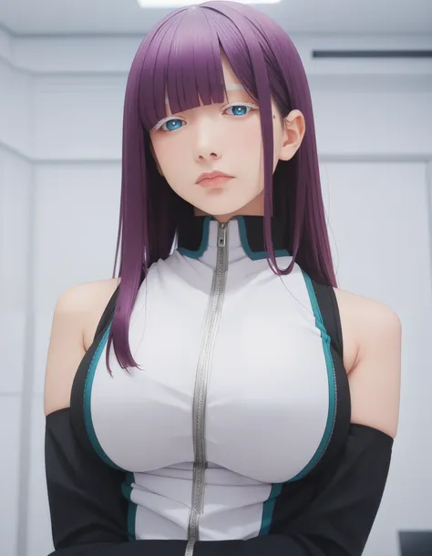 score_best, score_8_up, score_7_up, best quality, masterpiece, realistic:1.4, mira suou,1girl,mole under eye,bangs,blue eyes,blunt bangs,looking at viewer,large breasts,bare shoulders,curvy physique,white eyelashes
white shirt with a zipper going down the ...