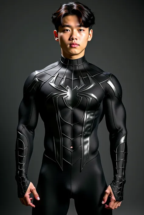 Handsome and sexy Korean teenager, teenager, young, male, wearing Spiderman black  costume while showing his sixpack abs, muscular, sixpack, young, front view, Korean idol, hot, very muscle, very horny biceps and triceps, photo realistic, realistic, 8k, UH...