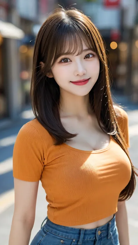  shopping street: ((tight orange shirt and denim shorts)),  top quality , shape, 非常に Detailsな,  Details,  high res, 8k wallpaper,  perfect dynamic composition,  beautiful detail,   natural lips, Tight T-shirt,  nipples are visible, ((H cup breasts)), ((( h...