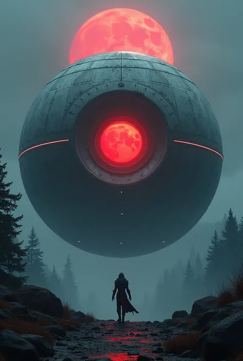  A black metallic sphere , red moon,  a huge ship sphere ,  floating above a forest , 8k, well done, linda,  well-made carvings , Well built,  red lines in the details of the sphere .  Carvings on the sphere , 8k,  a circular door and a warrior wearing fut...