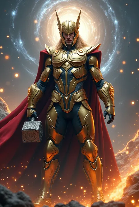 Ultimate thor, the supreme android with cosmic power, armored with infinity stone power, golden and white silver armor, carry mjolnir hammer. 