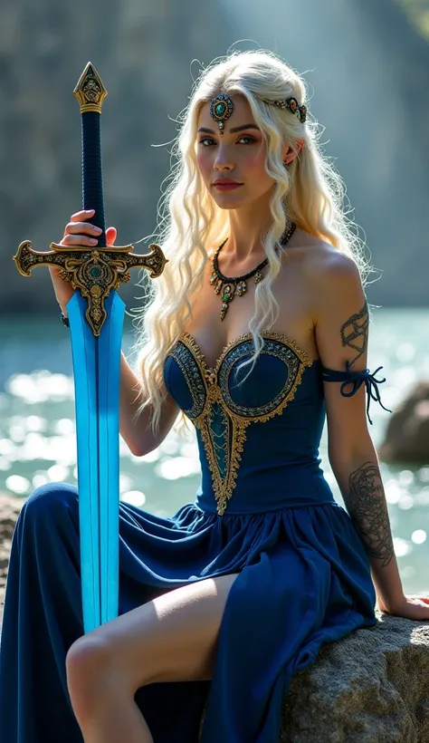 " An enchanting fantasy image ,  that highlights a noble woman with long platinum blonde hair and fair skin ,  sitting gracefully on a rocky surface .  Holds a bright blue sword in his hand with intricate golden details ,  that exudes a mystical aura .  He...