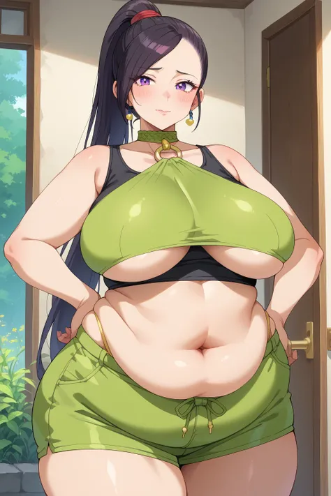 dragon_Quest martina , Martina、 long hair、 ponytail、 purple eyes、 black hair、 shoulder out、 (( Yellow-green Crop Top、 Yellow-green Choker ,  crop top and connected choker, black tank top,black short spats )),Exposed Navel , Bare Thighs ,milf, obese の中年女性, ...