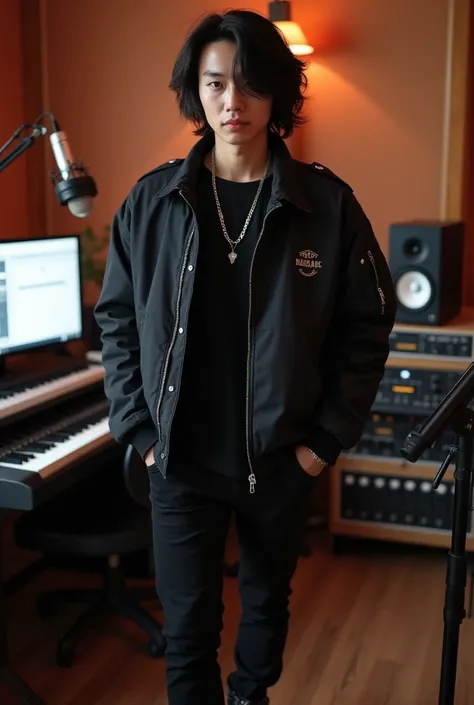 An Asian man of Korean origin who looks like a K-pop idol has long hair around his ears and youre wearing a black charro jacket, tight black pants and black military boots is in his recording studio. 