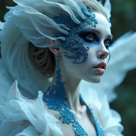 Une représentation artistique dune  femme humanoïde, surréaliste dune beauté envoûtante, avec un maquillage complexe de nuancé de noir et bleu, surréaliste, vêtus dune robe de dragon blanc aux détails complexes, dans ses pupille, jusquà la macro parfaite d...