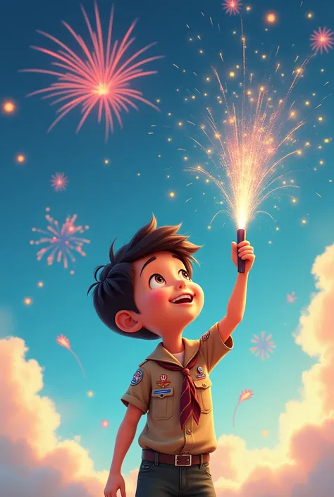  Boy boy wearing scout  , Cartoon ,  looks up while playing fireworks,  dont wear a tree  , and backround sky 