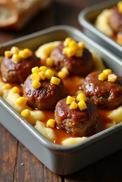 5 meatballs serve with 5 scoops of mashed potato, with gravy and corns on top in a square container, from side angle
