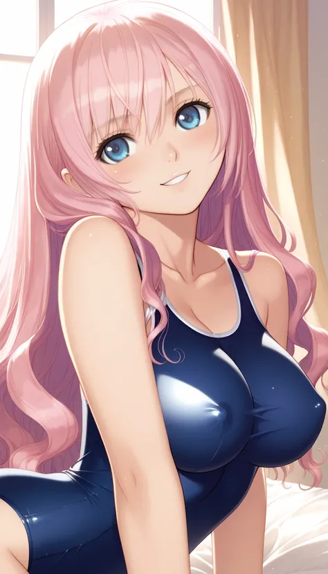 Erotic NSFW,(masterpiece), beautifully and in detail,T2 ART WORKS TONY TAKA Styles,luka megurine ,Long Pink Hair,Blue Eyes,Big Breasts,((Sexy seduction)),( school swimsuit),(ペニスをエロく pie zuri), pie zuri,Close-up of face,A little joy,bedroom,front, uncensore...