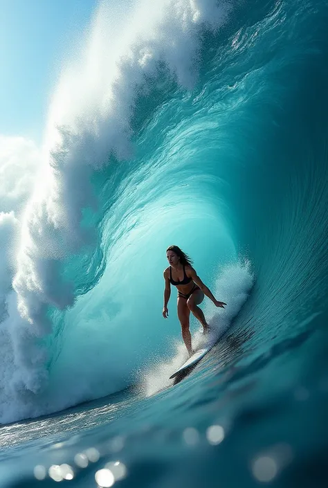 A woman surfing a giant wave 